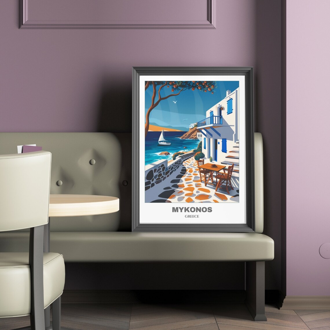 Mykonos Greece White Blue Houses Sailboat Harbor Travel Poster - Image 2