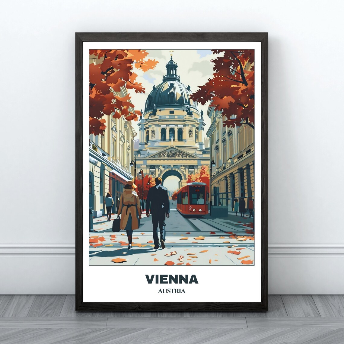 Vienna Austria Autumn Stroll Couple Red Tram Church Dome Poster
