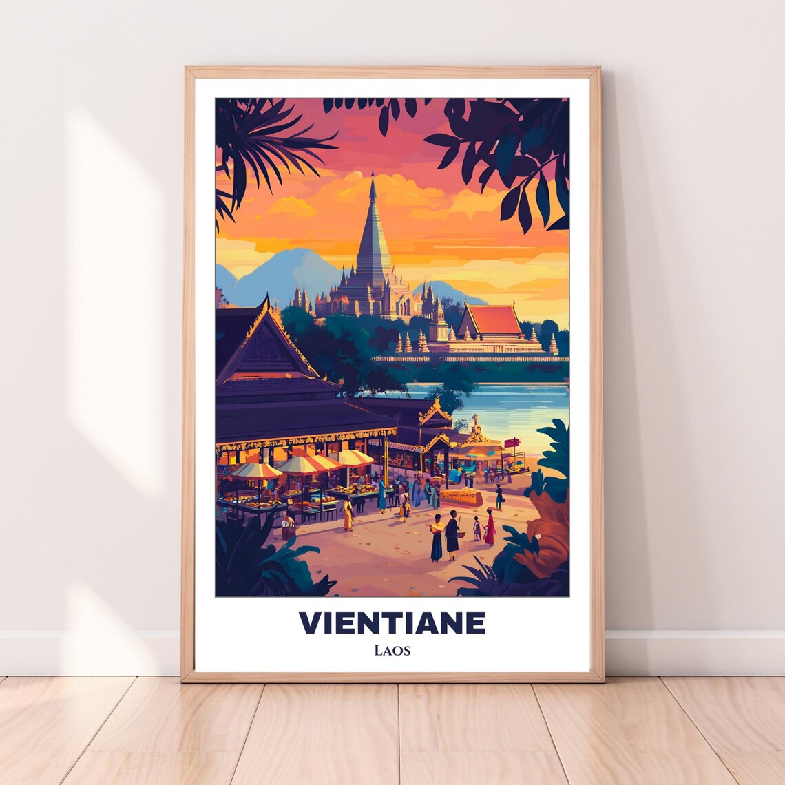 Vientiane Laos Night Market Temple Sunset View Vintage Travel Poster - Image 2