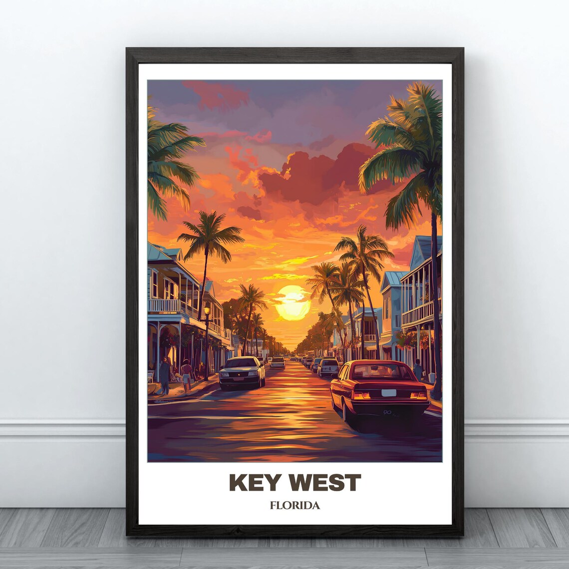 Key West Florida Duval Street Sunset Cars Palms Vintage Travel Poster