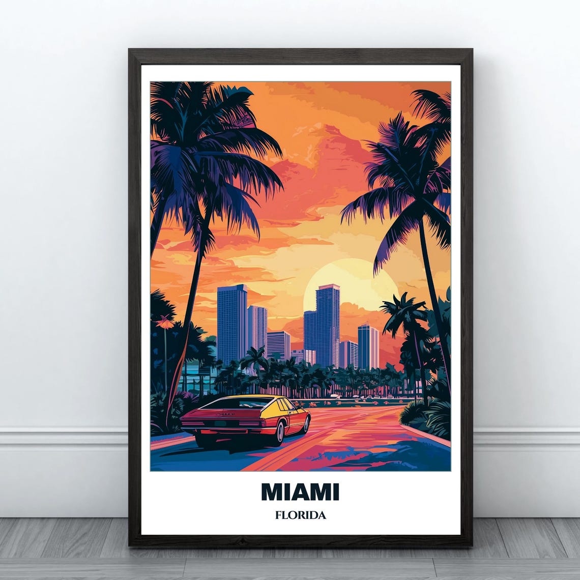 Miami Retro Sunset Classic Car Palm Trees Downtown Skyline Poster
