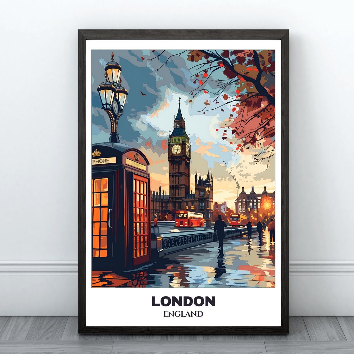 London Big Ben Glowing Red Phone Box Dusk Street Scene Poster