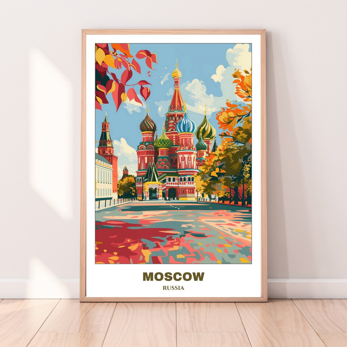 Moscow Russia Saint Basil Cathedral Autumn Leaves Travel Poster - Image 3