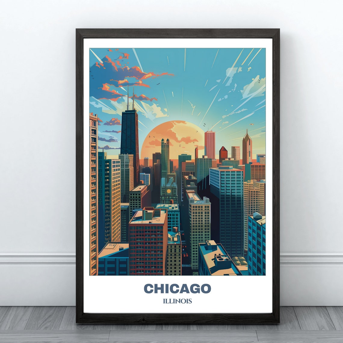 Chicago Illinois Downtown Skyline Blazing Sunset Sky Art Poster