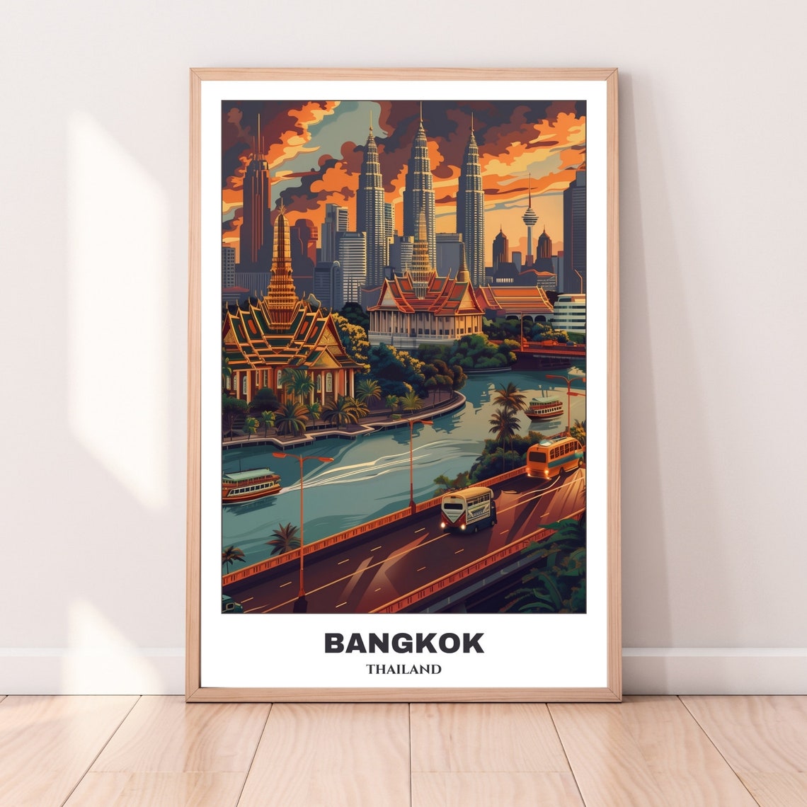 Bangkok Thailand Sunset Riverside Temples Golden River View Poster - Image 4