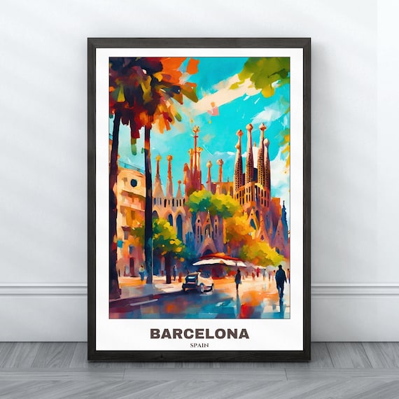 Barcelona Spain Sagrada Familia Colorful Street Scene Poster