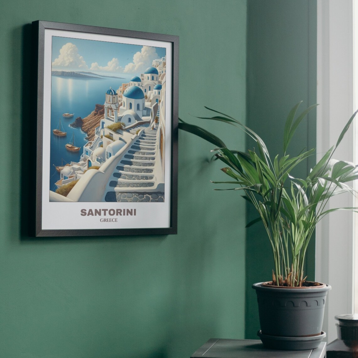 Santorini Travel Poster, Greece Cityscape Painting Print - Image 5