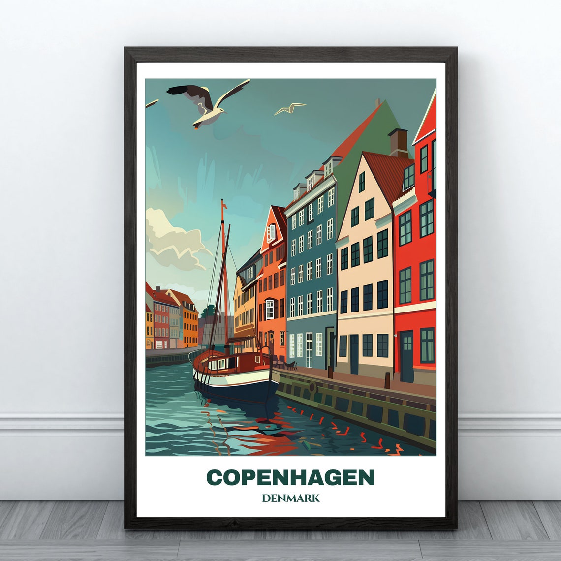 Copenhagen Nyhavn Wooden Ship Seagulls Colorful Waterfront Poster