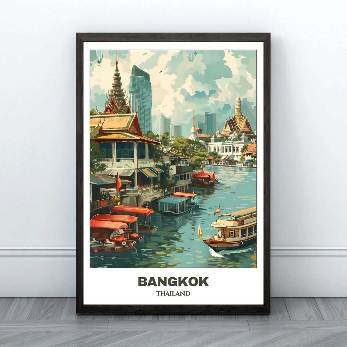 Bangkok Thailand Riverside Wharf Longtail Boats Temple Spires Poster