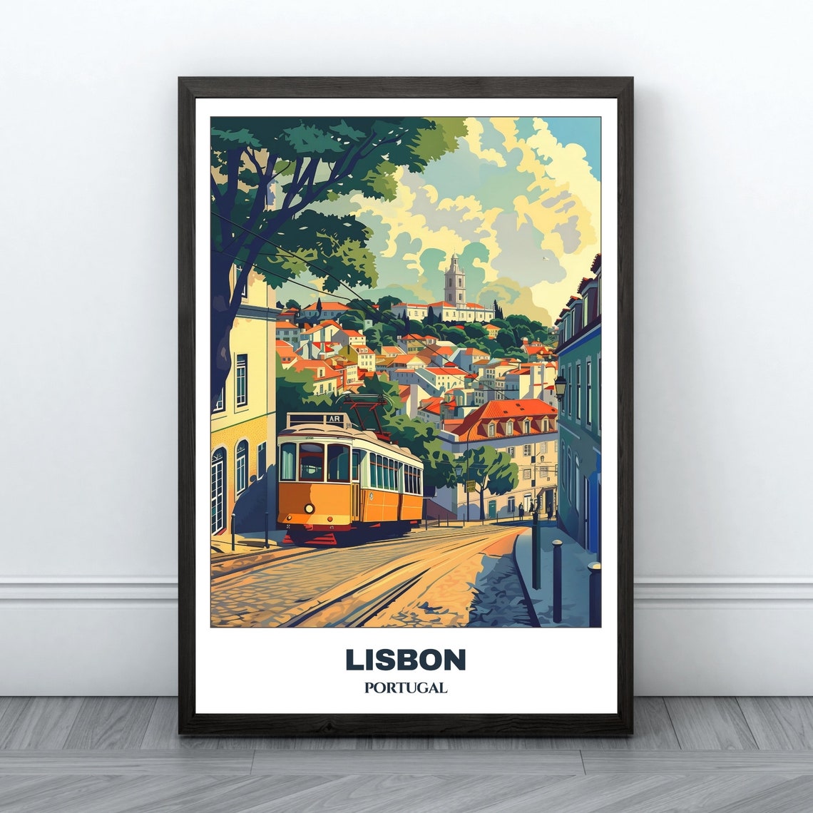 Lisbon Portugal Yellow Tram Corner Turn Hilltop Tower View Poster
