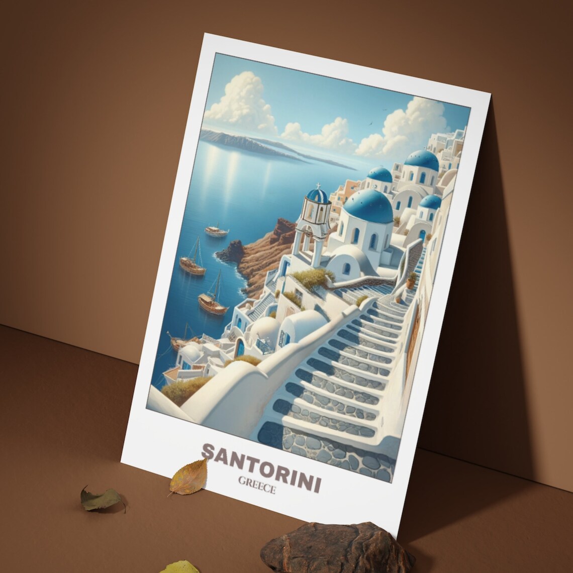 Santorini Travel Poster, Greece Cityscape Painting Print - Image 4