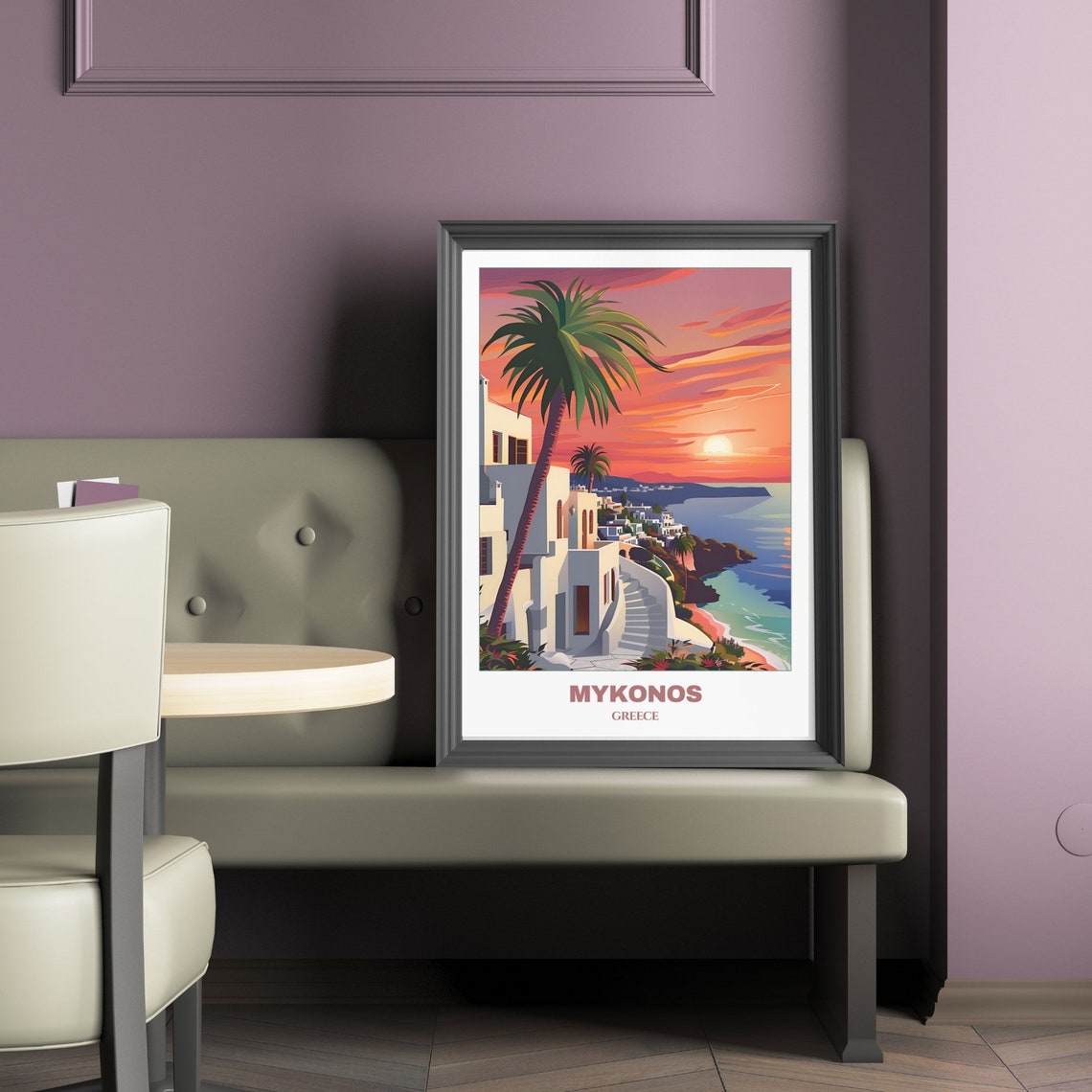 Mykonos Greece Sunset Palm Tree Whitewashed Town Travel Poster - Image 2