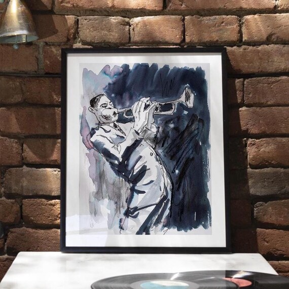 Jazz Trumpet Wall Art, Charcoal Ink Drawing