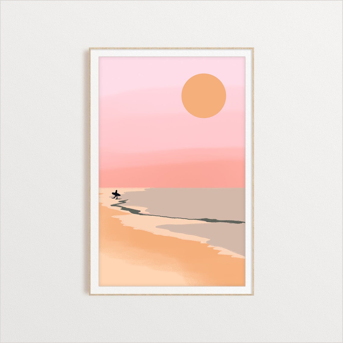 Minimalist Beach Sunset Lone Surfer Silhouette Ocean Art Poster