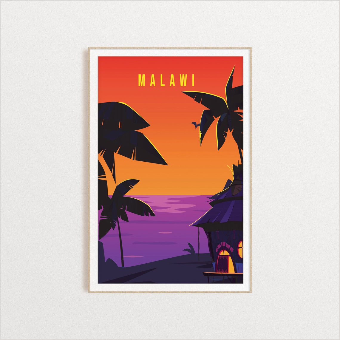 Malawi Vintage Travel Art Sunset Beach Palm Silhouette Poster
