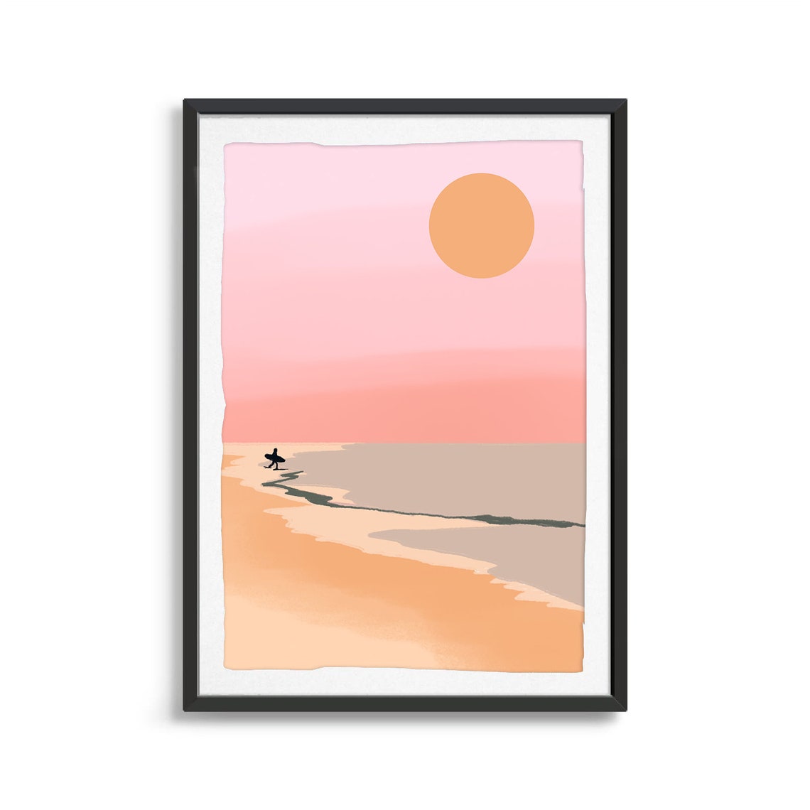 Minimalist Beach Sunset Lone Surfer Silhouette Ocean Art Poster - Image 2