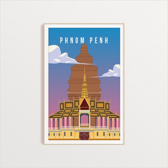Phnom Penh Khmer Temple Golden Spire Vintage Cambodia Travel Poster