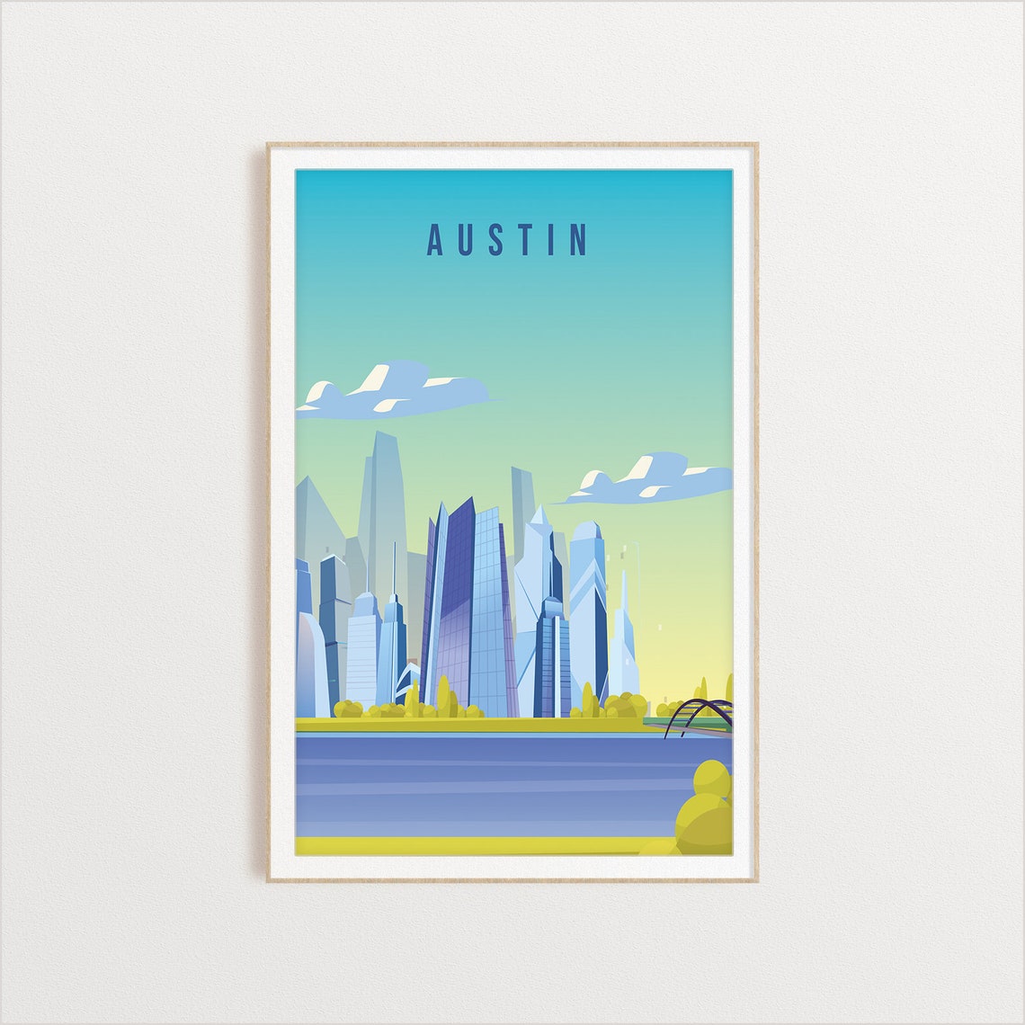 Austin Modern Skyline Lake Reflection Travel Souvenir Poster