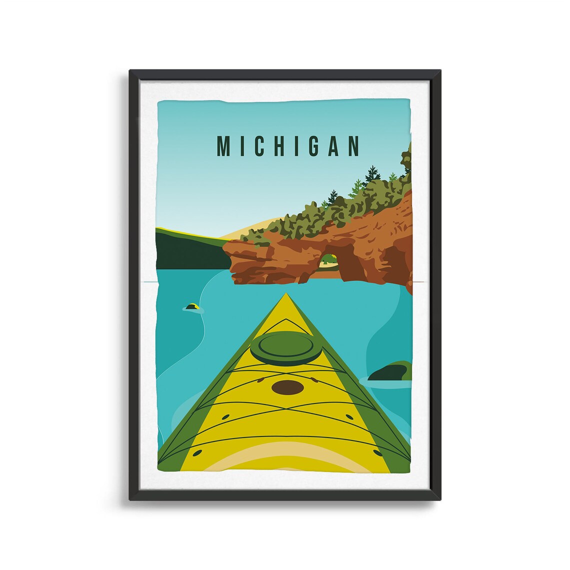 Michigan Kayak Travel Poster Red Rock Arch Lake Adventure Art Scene