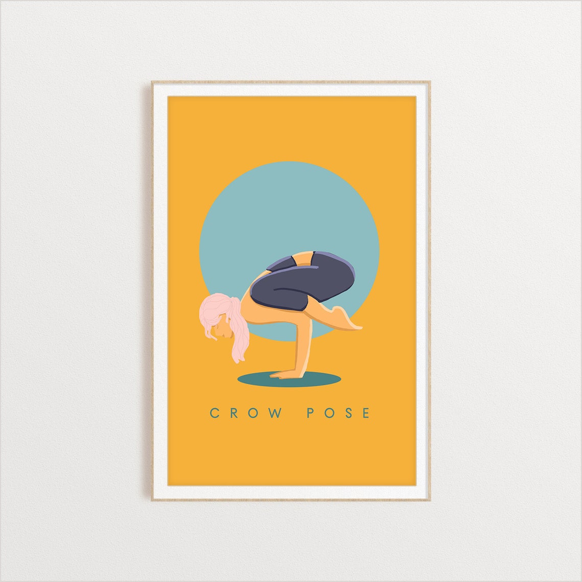 Crow Pose Yoga Illustration With Teal Sun Mustard Yellow Poster