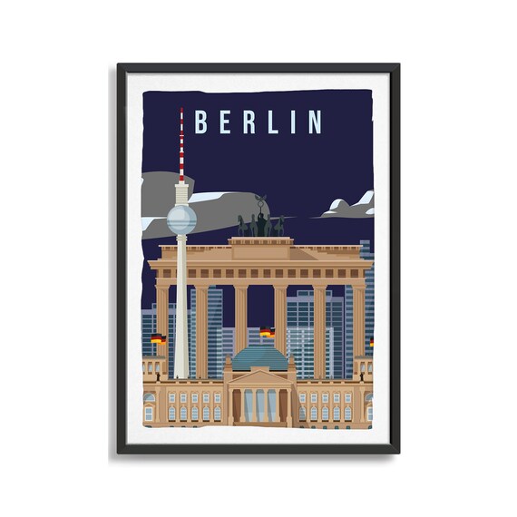 Berlin Brandenburg Gate Travel Poster German Capital Night Skyline