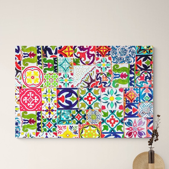 Moroccan Mosaic Pattern Canvas Wall Art Handmade Bohemian Home Decor Boho
