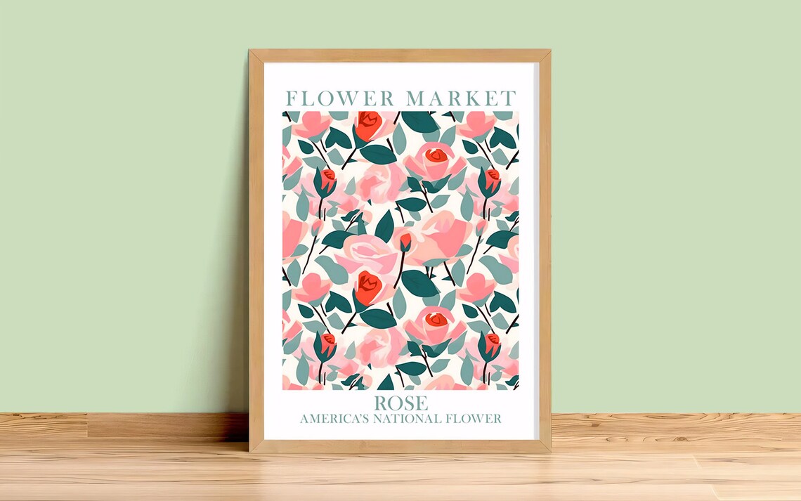 Pink Rose Flower Market Botanical Americas National Flower Poster