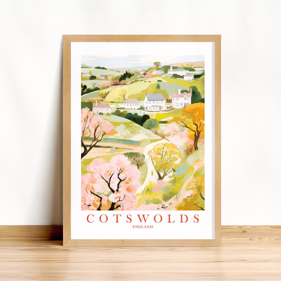 Cotswolds Retro Travel Poster, England Landscape