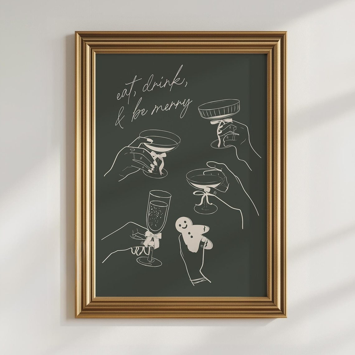 Eat Drink And Be Merry Charcoal Line Art Cocktail Toast Poster