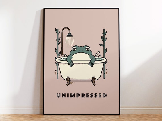 Unimpressed Frog In A Bath Graphic Art For Funny Bathroom Wall Art Bathing Quirky Animal In Pastel Colours Instant