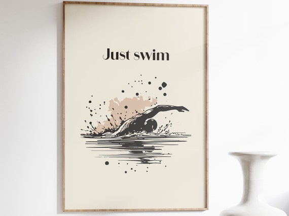 Just Swim Freestyle Swimmer Poster For Motivational Wall Art In Neutral Colors I Black Silhouette Swimming Print I Swimmer Gift