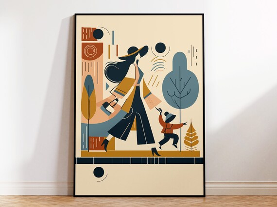 Stylish Woman With Toddler Walking Mid Century City Street Poster