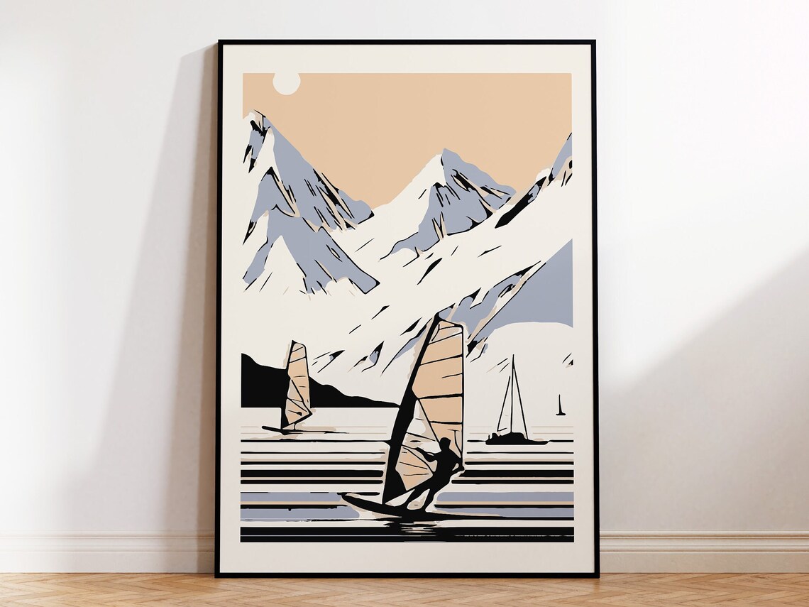 Windsurfers on Sea With Snowy Mountains Vintage Travel Style Poster