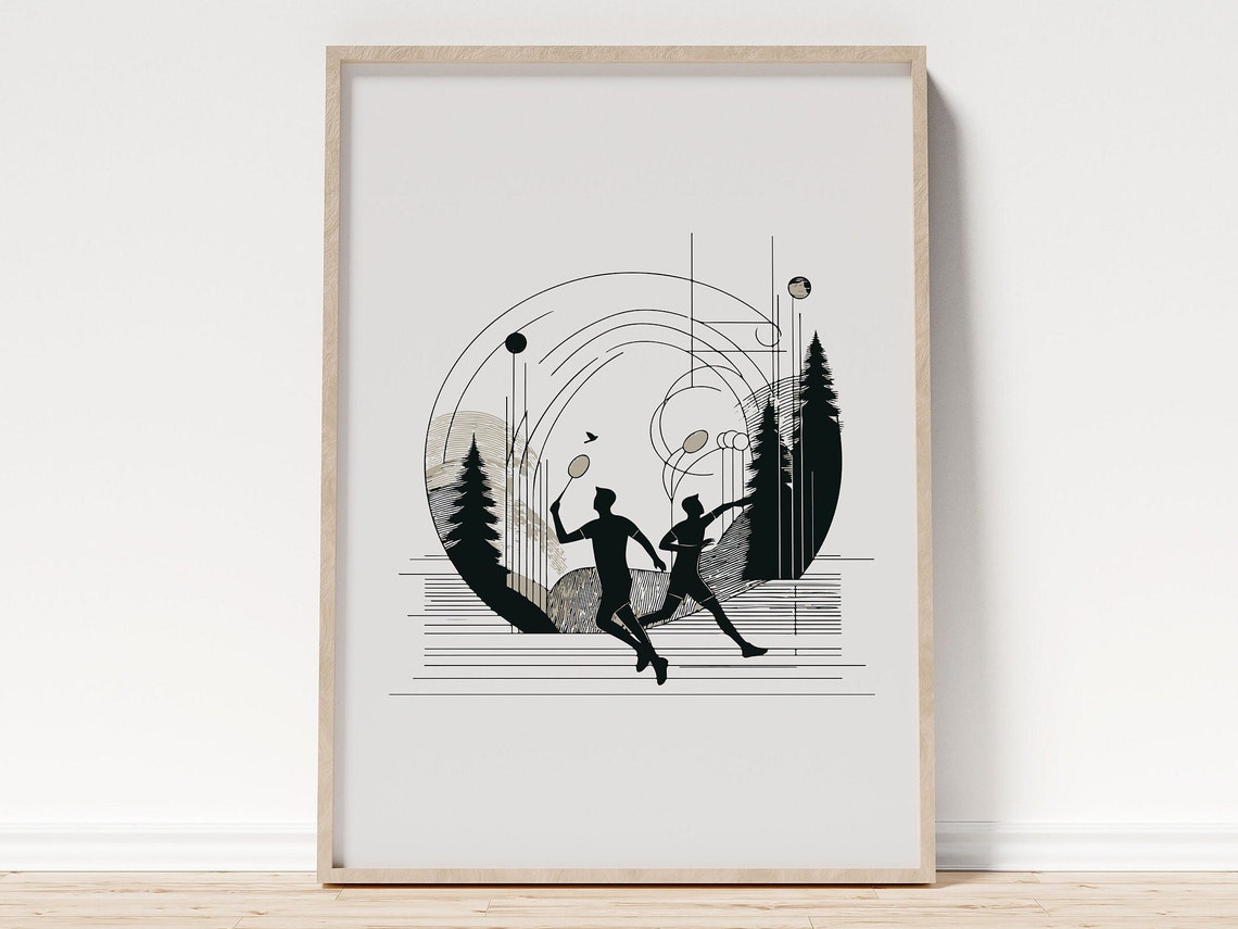 Badminton Players Circular Line Pine Trees Modern Sports Wall Art