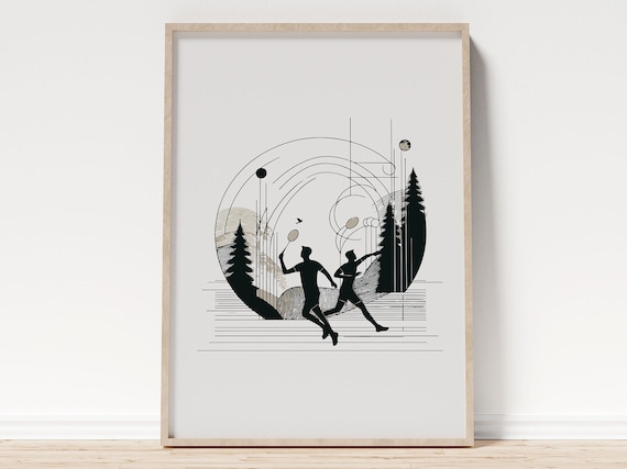 Framed Badminton Poster For Minimalist Scandinavian Home Wall Art I Two Badminton Players In The Woods Gift For Badminton Player