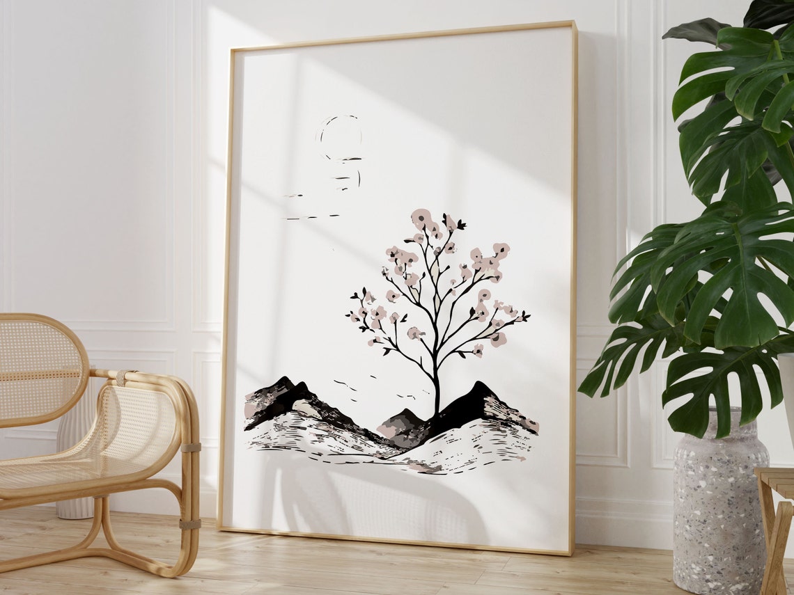 Cherry Blossom Tree Ink Painting Mountain Landscape Japandi Poster - Image 2