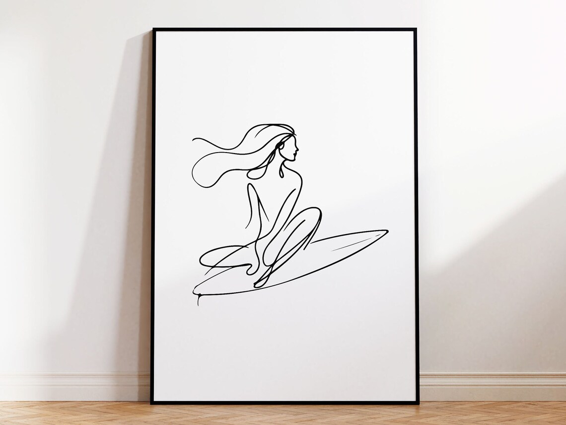 Surfer Girl Line Art Poster Woman Riding Surfboard With Flowing Hair