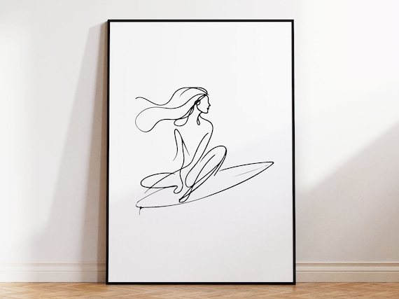 Framed Minimalist Surfer Girl Wall Art Poster Surfing Woman Line Art Print For Cool Minimalistic Scandinavian Style Home I Frames Included