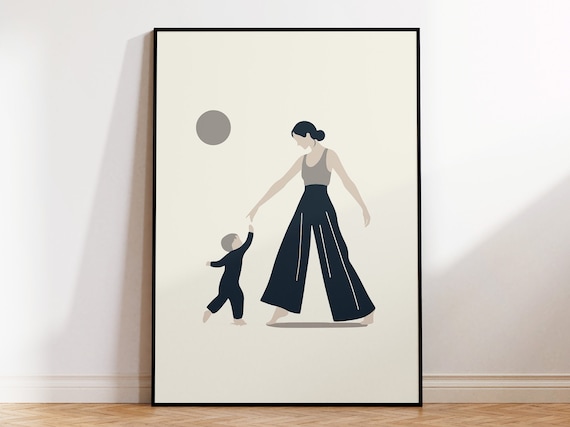 Minimalist Mother And Toddler Walking Together Nordic Style Poster