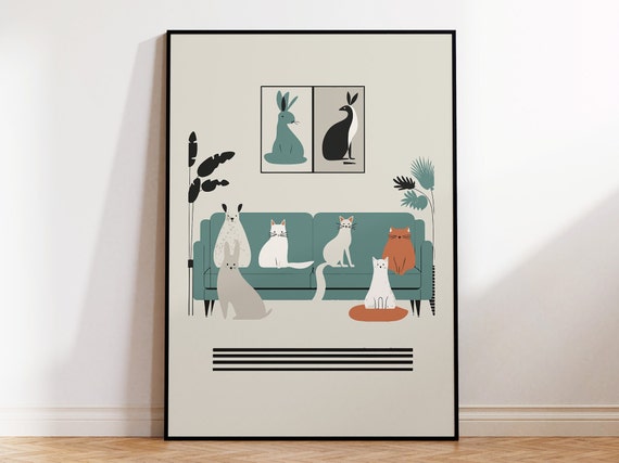 Cats Hanging Out Wall Art Print For Eclectic Style Cat Poster Print For Cat Lover Home Funny Animal Art In Pastel Colors