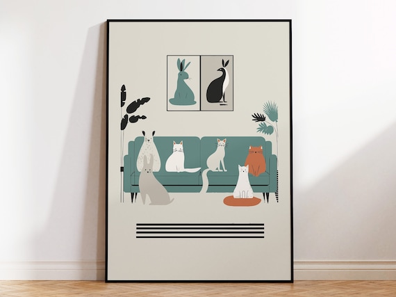 Cats on a Couch Mid Century Modern Playful Cat Illustration Poster