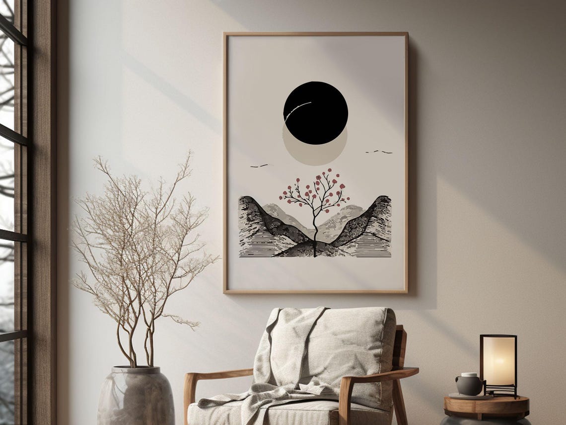 Cherry Blossom Tree and Black Moon Abstract Japanese Landscape Poster - Image 2