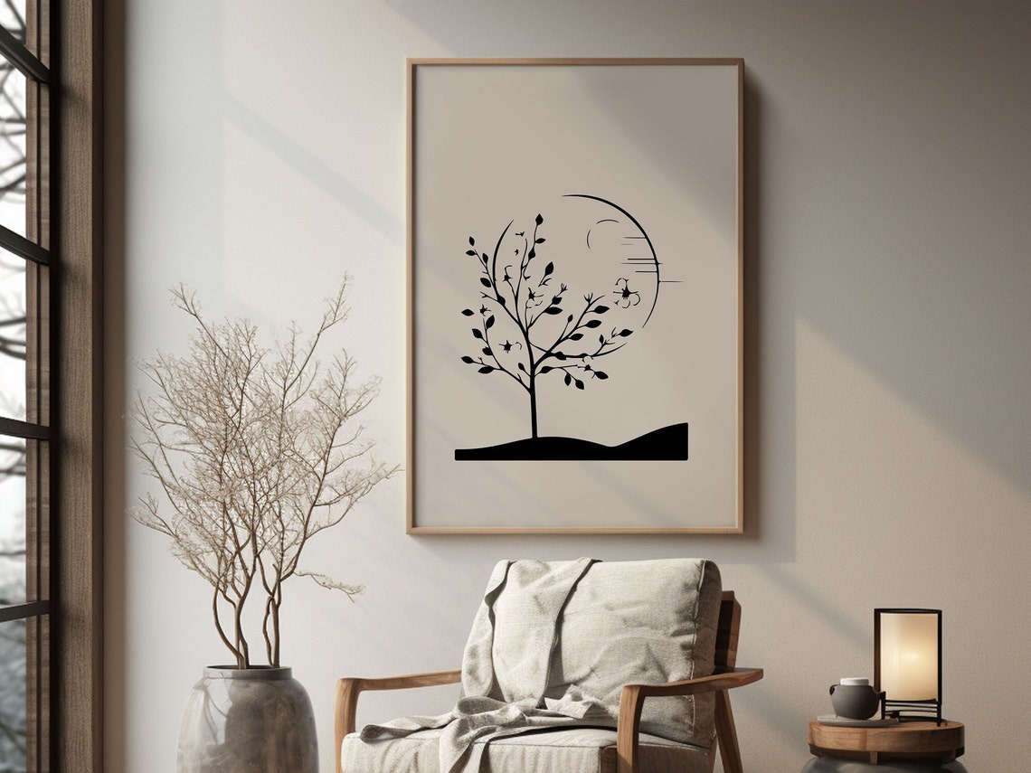 Cherry Blossom Tree Silhouette Moon Minimalist Japandi Style Poster