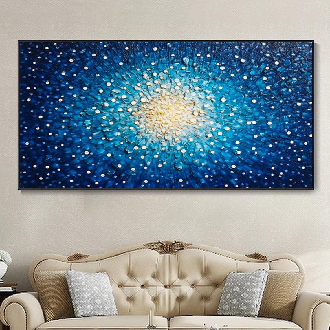 Starry Blue Night Sky With Golden Radiant Center Abstract Poster