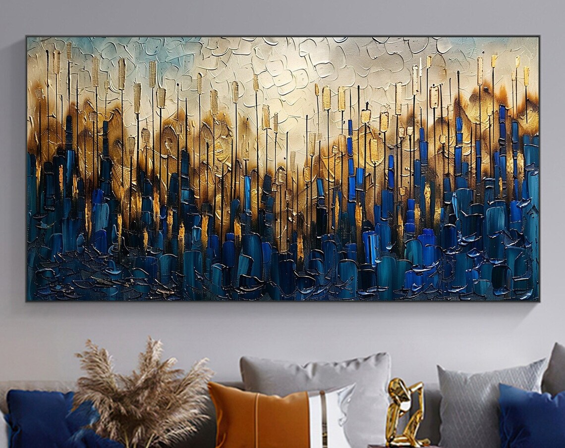 Navy Blue And Gold Vertical Brushstroke Textured Abstract Poster
