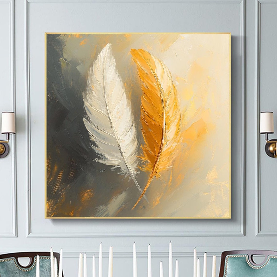 White and Golden Feather Pair Elegant Abstract Oil Art Poster