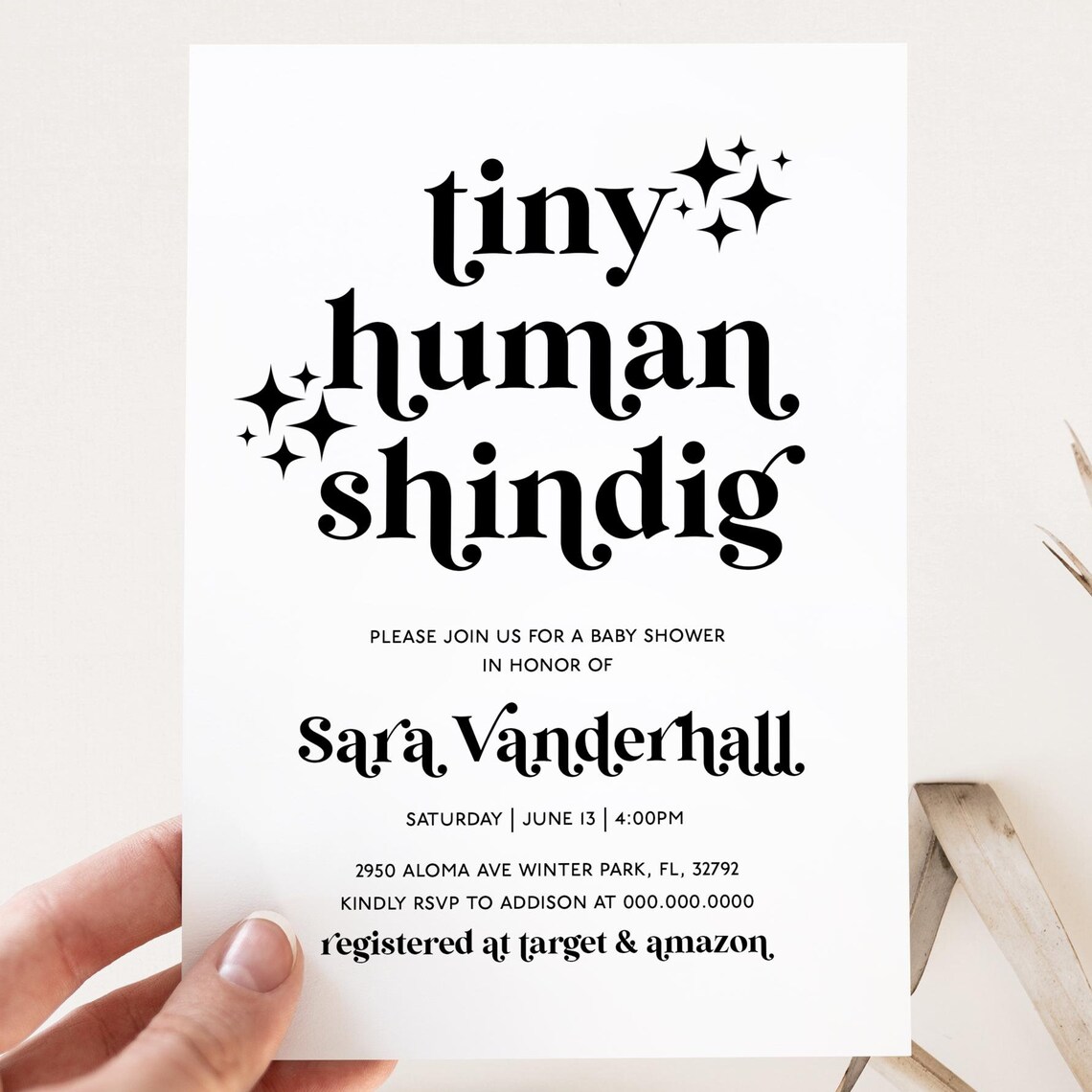 Tiny Human Shindig Baby Shower Invitation Template Retro Editable