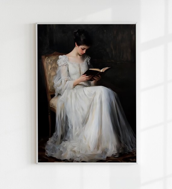 Vintage Woman Reading Book White Dress Classical Oil Painting Art Poster