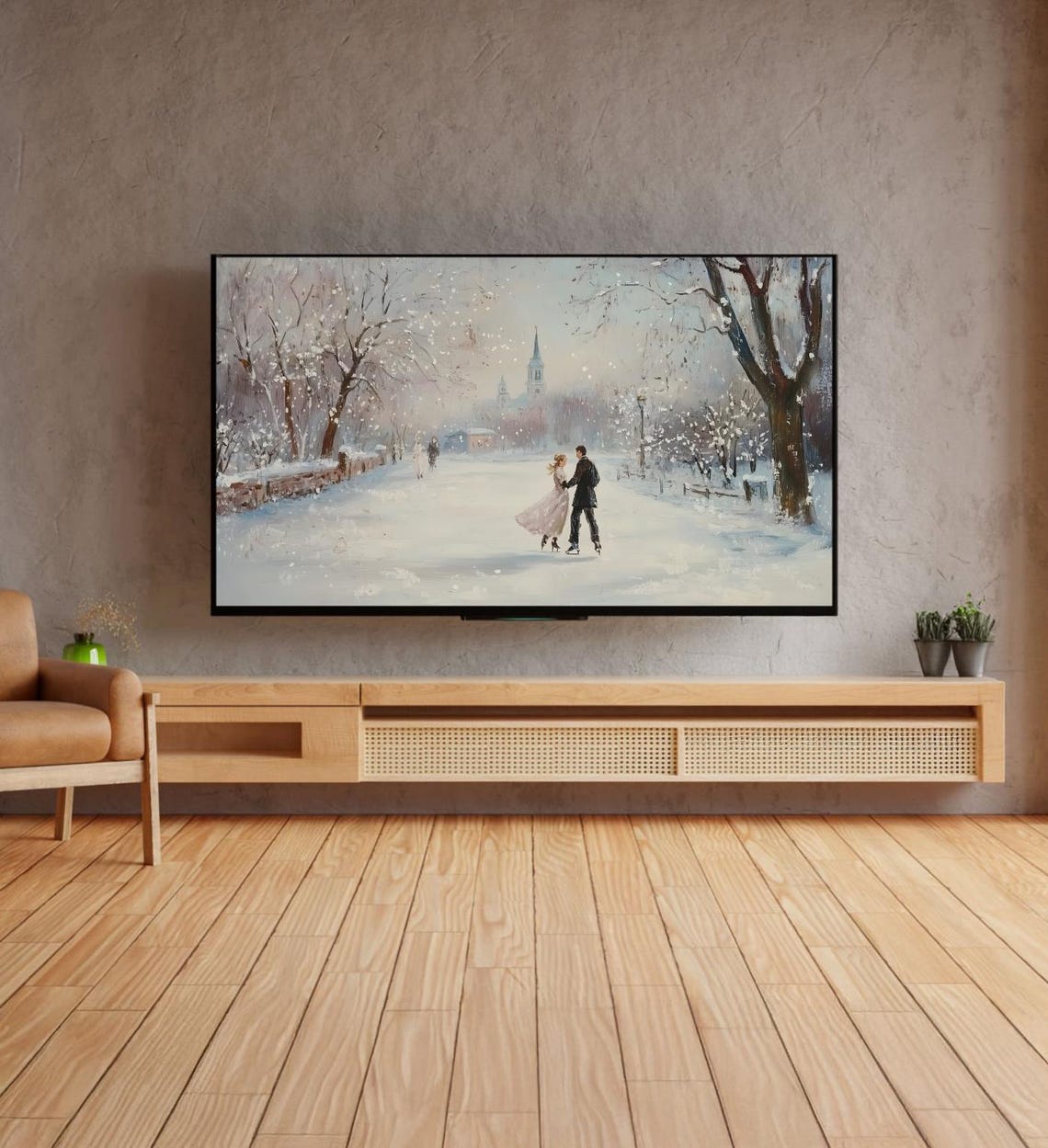 Vintage Couple Ice Skating Snowy Winter Park Scene Painting Poster - Image 4