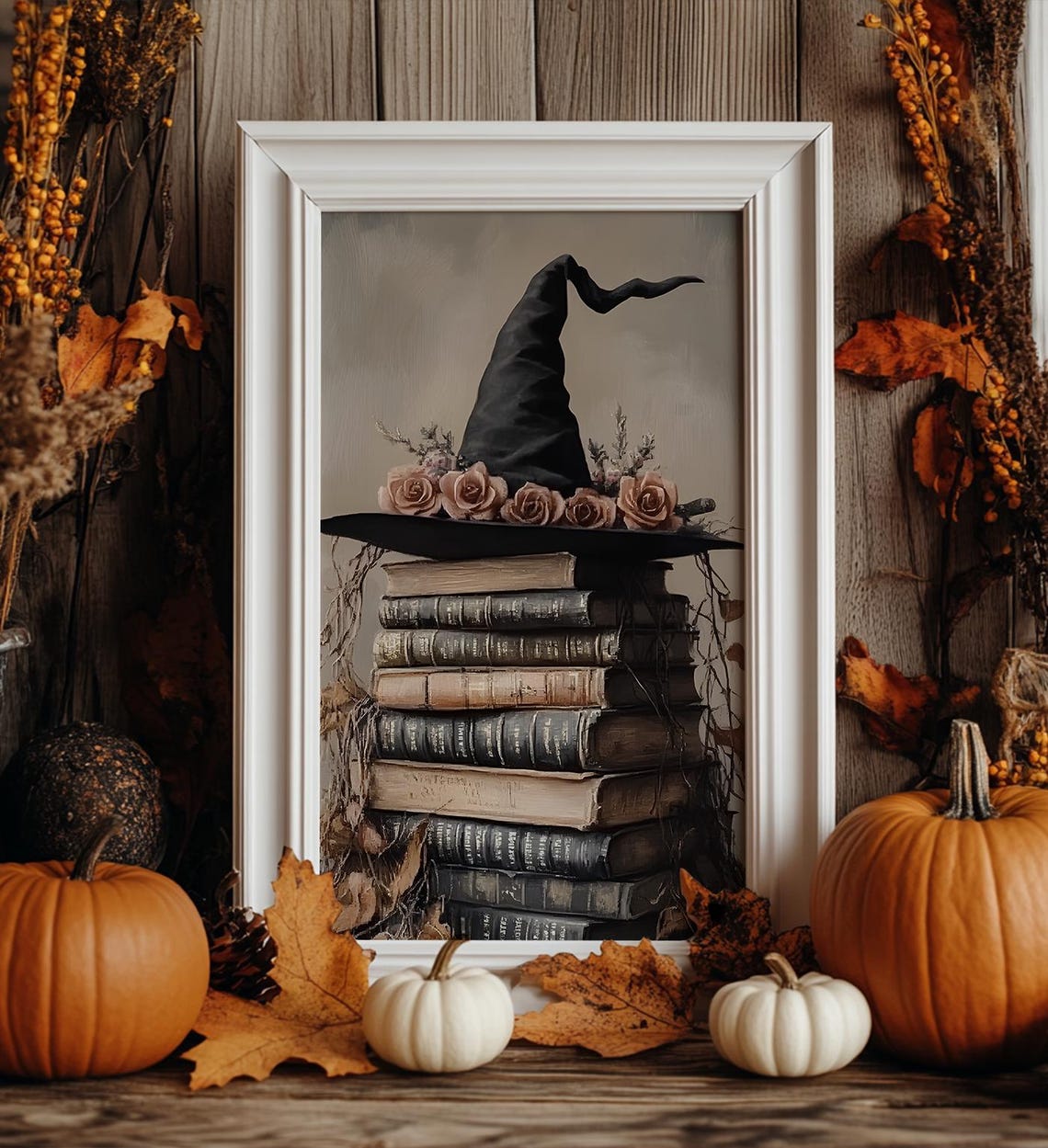 Witch Hat With Roses On Stack Of Vintage Spell Books Halloween Print - Image 7